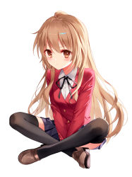 Rule 34 | 1girl, aisaka taiga, black ribbon, blush, breasts, brown eyes, brown footwear, brown hair, commentary, full body, indian style, jacket, kh (kh 1128), long hair, long sleeves, looking at viewer, medium breasts, neck ribbon, oohashi high school uniform, pleated skirt, red jacket, ribbon, school uniform, shoes, simple background, sitting, skirt, solo, symbol-only commentary, thighhighs, toradora!, white background, zettai ryouiki