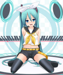 Rule 34 | 1girl, aqua eyes, aqua hair, arms behind back, bad id, bad pixiv id, colorized, cosplay, eto, full body, hair ribbon, hatsune miku, headset, kagamine rin, kagamine rin (cosplay), kneeling, long hair, looking at viewer, navel, project diva, project diva (series), ribbon, shorts, smile, solo, thighhighs, twintails, very long hair, vocaloid