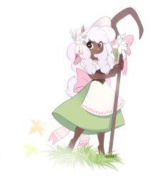 Rule 34 | 1girl, absurdres, animal ears, animal nose, apron, artist name, back bow, barefoot, bonnet, bow, braid, brown eyes, brown horns, closed mouth, creatures (company), dark-skinned female, dark skin, female focus, flat chest, flat color, flower, full body, furry, furry female, game freak, gen 8 pokemon, grass, green skirt, hair flower, hair ornament, hands up, happy, highres, holding, holding staff, horizontal pupils, horns, leaf, long hair, looking at viewer, maple leaf, nintendo, outdoors, personification, pink bow, pink headwear, pokemon, pokemon (creature), puffy short sleeves, puffy sleeves, sheep ears, sheep girl, sheep horns, sheep tail, shepherd, shepherd&#039;s crook, shirt, short sleeves, sidelocks, sideways mouth, signature, simple background, sketch, skirt, smile, solo, staff, standing, tail, teranen, twin braids, waist apron, white apron, white background, white flower, white hair, white shirt, wooloo