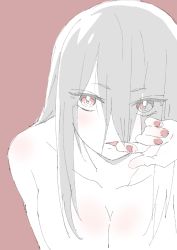 Rule 34 | 1girl, absurdres, bad id, bad twitter id, biting, breasts, cleavage, close-up, donguri suzume, eyes visible through hair, finger biting, grey hair, hair between eyes, hand up, highres, leaning forward, long hair, looking at viewer, medium breasts, nail polish, nude, out-of-frame censoring, pale color, parted lips, red background, red eyes, red nails, simple background, solo
