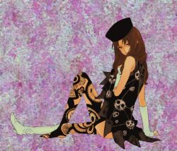 Rule 34 | 00s, 1boy, arm support, boots, brown hair, clothes lift, detached sleeves, dress, dress lift, egawa satsuki, gankutsuou, hat, legs, male focus, peppo, red eyes, sitting, solo, thighhighs, trap