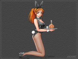 Rule 34 | 1girl, alcohol, animal ears, ass, bad company (dr. tecmac), bow, bowtie, breasts, detached collar, eyelashes, fake animal ears, fishnet pantyhose, fishnets, high heels, kneeling, leotard, looking at viewer, orange hair, pantyhose, playboy bunny, rabbit ears, rabbit tail, red eyes, smile, solo, tail, tray, vest, wrist cuffs