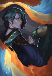Rule 34 | 1boy, artist name, closed mouth, earrings, green eyes, hair between eyes, hair over one eye, highres, holding, holding brush, hwei (league of legends), jewelry, league of legends, long hair, looking ahead, luhuala, male focus, ponytail, sidelocks, solo, upper body, yellow eyes