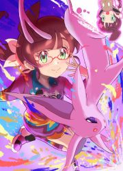 Rule 34 | 1girl, avery (pokemon) (cosplay), bespectacled, braid, chloe (pokemon), collared shirt, cosplay, creatures (company), eevee, espeon, game freak, gen 1 pokemon, gen 2 pokemon, glasses, green eyes, hair ornament, hair scrunchie, hand up, highres, leg up, long hair, looking at viewer, maroon hair, nintendo, noppe, outstretched arm, pink footwear, pokemon, pokemon (anime), pokemon journeys, purple legwear, scrunchie, shirt, shoes, shorts, smile, socks