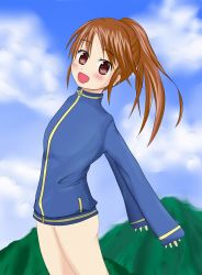 Rule 34 | 1girl, ass, bare legs, female focus, jacket, long sleeves, naked jacket, outdoors, saki (manga), sky, solo, takakamo shizuno, track jacket