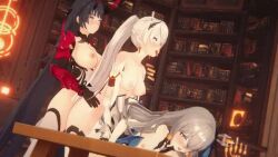 Rule 34 | 3d, 3girls, animated, bent over, black hair, breasts, bronya zaychik, bronya zaychik (herrscher of reason), fucked silly, futanari, grey hair, group sex, honkai (series), honkai impact 3rd, indoors, kiana kaslana, kiana kaslana (herrscher of flamescion), library, long hair, lowres, lucky pierre, medium breasts, multiple girls, ponytail, raiden mei, raiden mei (herrscher of thunder), sex, sex from behind, standing, standing sex, table, tagme, testicles, threesome, tongue, tongue out, very long hair, video, white hair
