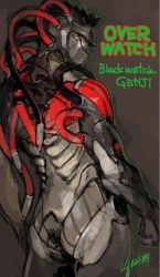 Rule 34 | 1boy, armor, black hair, blackwatch genji, character name, copyright name, cyborg, dark background, from behind, genji (overwatch), highres, looking at viewer, male focus, mask, muscular, ninja, official alternate costume, overwatch, overwatch 1, red eyes, signature, solo, spiked hair, yamada uiro