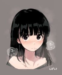Rule 34 | 1girl, amagami, artist name, ayatsuji tsukasa, black eyes, black hair, blunt bangs, blush, breath, brown background, close-up, collarbone, commentary, cropped torso, hair in own mouth, hair strand, long hair, messy hair, nose blush, off shoulder, portrait, raised eyebrows, signature, simple background, steaming body, sweat, nervous sweating, tenpanco, translated, upturned eyes