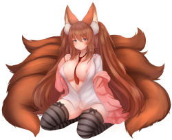 Rule 34 | 1girl, animal ear fluff, animal ears, between breasts, black thighhighs, blue eyes, blush, bottomless, breasts, brown hair, cardigan, commission, fluffy, fox ears, fox tail, full body, hand up, highres, jacket, large breasts, large tail, long hair, looking at viewer, multiple tails, necktie, necktie between breasts, open clothes, original, pink cardigan, pink jacket, plushmallow, pussy, shirt, signature, sitting, solo, striped clothes, striped thighhighs, tail, temachii, thighhighs, very long hair, watermark, white shirt
