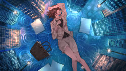 Rule 34 | 1girl, arm on own head, bag, belt, black shirt, blazer, brown hair, building, buttons, city, clenched teeth, closed eyes, clutching chest, commentary request, crying, from above, handbag, jacket, jewelry, lamppost, lying, necklace, night, on back, original, papers, pasoputi, pocket, puddle, rain, reflection, ripples, sad, shirt, short hair, skirt, sky, skyscraper, solo, tears, teeth, turning head, watch, window, wristwatch