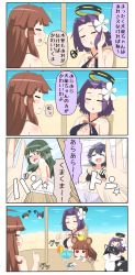 Rule 34 | +++, 10s, 4girls, 4koma, :o, ?, ^ ^, ahoge, alternate costume, bare shoulders, bikini, bird, border, breasts, brown hair, chibi, closed eyes, closed mouth, comic, commentary request, dog, drink, eyepatch, flower, grey hair, hair flower, hair ornament, halo, hat, highres, kantai collection, kiso (kancolle), kuma (kancolle), long hair, mechanical halo, multiple girls, ocean, one eye closed, photo (object), puchimasu!, purple hair, sand, short hair, sitting, sleeping, smile, swimsuit, tatsuta (kancolle), tenryuu (kancolle), thumbs up, tongue, tongue out, translation request, triangle mouth, under covers, yuureidoushi (yuurei6214)