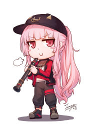 Rule 34 | &gt;:), 1girl, baseball cap, black footwear, black hat, black jacket, black pants, blunt bangs, blush stickers, chibi, closed mouth, commentary request, crop top, dated, flute, full body, hat, highres, holding, holding instrument, hololive, hololive english, instrument, jacket, long hair, looking at viewer, mori calliope, open clothes, open jacket, pants, pink hair, ponytail, red eyes, shadow, shirt, shoes, signature, smile, smug, solo, standing, tama yu, v-shaped eyebrows, very long hair, virtual youtuber, white background, white shirt