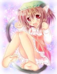Rule 34 | 1girl, animal ears, bad id, bad pixiv id, barefoot, brown hair, cat ears, cat tail, chen, earrings, fang, feet, fukaya rin, gradient background, hat, high collar, jewelry, knees together feet apart, long sleeves, looking at viewer, mob cap, multiple tails, open mouth, paw pose, red eyes, short hair, single earring, sitting, skirt, skirt set, soles, solo, star (symbol), tail, toes, touhou