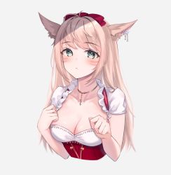 Rule 34 | 1girl, :&lt;, animal ear fluff, animal ears, antenna hair, warrior of light (ff14), blonde hair, blush, breasts, cat ears, cleavage, closed mouth, collarbone, cropped torso, ear piercing, facial mark, final fantasy, final fantasy xiv, green eyes, hand on own chest, highres, jewelry, long hair, looking at viewer, medium breasts, miqo&#039;te, navel, necklace, piercing, shirt, short sleeves, simple background, solo, soybean (hisoybean), underbust, white background, white shirt