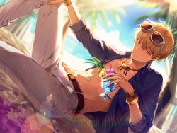 Rule 34 | 1boy, beach, belt, belt buckle, bikkusama, black belt, blonde hair, blue-framed eyewear, blue shirt, blurry, blurry background, bracelet, buckle, closed mouth, collarbone, collared shirt, curtains, day, dress shirt, dutch angle, earrings, eyewear on head, fate/grand order, fate (series), gilgamesh, gilgamesh (caster) (fate), gilgamesh (establishment) (fate), gilgamesh (fate), hair between eyes, hand on own knee, highres, holding, jewelry, lens flare, male focus, necklace, ocean, official alternate costume, open clothes, open shirt, outdoors, palm tree, pants, petals, red eyes, shirt, smile, solo, sunglasses, tree, unbuttoned, unbuttoned shirt, white pants, wing collar