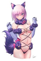 Rule 34 | 1girl, animal ears, bare shoulders, bow, breasts, cleavage, closed mouth, elbow gloves, fate/grand order, fate (series), fur-trimmed gloves, fur-trimmed legwear, fur collar, fur trim, gloves, hair over one eye, highres, knees up, lace, lace-trimmed legwear, lace trim, large breasts, light purple hair, looking at viewer, mash kyrielight, mash kyrielight (dangerous beast), navel, o-ring, official alternate costume, open mouth, outause, purple eyes, purple gloves, purple legwear, revealing clothes, short hair, signature, simple background, tail, white background, wolf ears, wolf tail