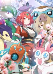 Rule 34 | 1girl, absurdres, alternate costume, breasts, cherry blossoms, chest jewel, creatures (company), crossover, gallade, game freak, gem, gen 4 pokemon, gen 6 pokemon, green322, headpiece, highres, holding, holding poke ball, large breasts, nintendo, poke ball, poke ball (legends), pokemon, pokemon legends: arceus, pyra (xenoblade), red eyes, red hair, rotom, rotom (wash), short hair, swept bangs, sylveon, xenoblade chronicles (series), xenoblade chronicles 2