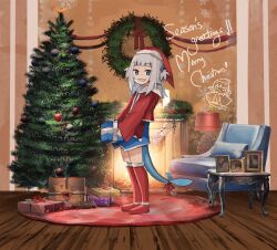 Rule 34 | absurdres, advarcher, blue eyes, blue hair, blue hoodie, blunt bangs, box, candle, christmas, christmas tree, christmas wreath, commentary, couch, english commentary, english text, fins, fireplace, fish tail, from side, full body, gawr gura, gift, gift box, grey hair, grin, hair ornament, hat, highres, holding, holding gift, hololive, hololive english, holomyth, hood, hoodie, indoors, lamp, long sleeves, looking at viewer, merry christmas, mori calliope, multicolored hair, multiple girls, ninomae ina&#039;nis, no pants, picture frame, pinecone, red carpet, red footwear, red ribbon, red socks, ribbon, santa costume, santa hat, shark girl, shark hair ornament, shark tail, shrimp, sleeves past wrists, smile, snowflake print, snowflakes, socks, solo focus, standing, streaked hair, table, tail, takanashi kiara, thighhighs, two side up, virtual youtuber, watson amelia, wooden floor, wreath, zettai ryouiki