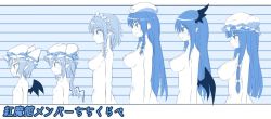 Rule 34 | 6+girls, bat wings, beret, blue theme, bow, braid, breasts, bust chart, commentary request, demon wings, flandre scarlet, flat chest, from side, hair bow, hat, hat bow, head wings, height difference, hong meiling, izayoi sakuya, koakuma, large breasts, long hair, maid headdress, medium breasts, mob cap, momendoufu, monochrome, multiple girls, navel, nipples, nude, one side up, parted lips, patchouli knowledge, pointy ears, profile, remilia scarlet, short hair, siblings, sidelocks, sisters, small breasts, smile, standing, star (symbol), stomach, touhou, translation request, tsurime, upper body, very long hair, wings