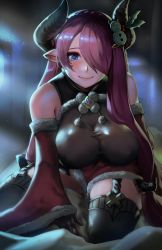 Rule 34 | 1girl, bare shoulders, blue eyes, blush, breasts, bright pupils, comic-z, detached sleeves, draph, dress, fur trim, gloves, granblue fantasy, hair over one eye, highres, holly, horns, large breasts, long hair, narmaya (granblue fantasy), narmaya (holiday) (granblue fantasy), on bed, pink hair, pointy ears, pom pom (clothes), santa dress, sitting, smile, snowman hair ornament, solo, thighhighs, very long hair, zettai ryouiki