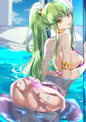 Rule 34 | 1girl, absurdres, ass, bare back, bikini, breasts, butt crack, c.c., code geass, green hair, highres, large breasts, long hair, looking at viewer, matsurika (harusutain), open mouth, pool, sideboob, sky, solo, swimsuit, thighs, yellow eyes
