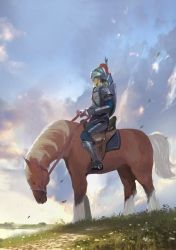 Rule 34 | 1boy, androgynous, armor, blonde hair, blue eyes, blue pants, blue sky, boots, cloud, cloudy sky, from side, gauntlets, grass, helmet, highres, horseback riding, knight, link, looking at viewer, male focus, armored boots, miso katsu, nintendo, outdoors, pants, pauldrons, plume, ponytail, riding, shoulder armor, sky, smile, tabard, the legend of zelda, the legend of zelda: breath of the wild