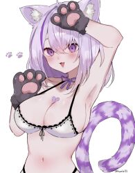 Rule 34 | 1girl, animal ear fluff, animal ears, animal hands, armpits, bra, breasts, cat ears, cat girl, cat paws, cat tail, collarbone, hololive, large breasts, mofumin, nekomata okayu, purple eyes, purple hair, purple tail, simple background, solo, tail, underwear, upper body, virtual youtuber, white background, white bra