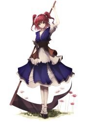 Rule 34 | 1girl, absurdres, blue dress, closed mouth, commentary, dress, flower, full body, hair bobbles, hair ornament, highres, holding, holding scythe, lhq (artist), looking at viewer, obi, okobo, onozuka komachi, red eyes, red flower, sandals, sash, scythe, short hair, short sleeves, simple background, solo, spider lily, standing, touhou, two side up, white background