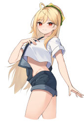 Rule 34 | 1girl, absurdres, ahoge, blonde hair, blue shorts, crop top, crop top overhang, cropped legs, denim, denim shorts, grin, hamburger hat, hand on own chest, hand up, hat, highres, jingburger, long hair, looking at viewer, midriff, off shoulder, overall shorts, overalls, red eyes, shirt, short shorts, short sleeves, shorts, simple background, slit pupils, smile, solo, stomach, thighs, virtual youtuber, waktaverse, white background, white shirt, ziro (zirorong)