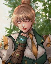 Rule 34 | 1girl, apex legends, bad id, bad twitter id, brown hair, brown necktie, clenched hand, collared shirt, fingerless gloves, gloves, green gloves, green jacket, grey eyes, hair bun, highres, jacket, looking to the side, necktie, official alternate costume, parted lips, portrait, scar, scar across eye, shirt, solo, tama (ponz3o1), twitter username, veteran voyager wraith, white shirt, wraith (apex legends)