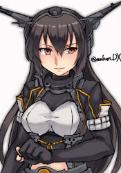 Rule 34 | 1girl, black gloves, black hair, elbow gloves, fingerless gloves, gloves, headgear, highres, kantai collection, long hair, looking at viewer, maakun (makun dx), midriff, nagato (kancolle), nagato kai ni (kancolle), navel, one-hour drawing challenge, red eyes, simple background, solo, twitter username, upper body, white background