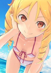 Rule 34 | 10s, 1girl, bare arms, bare shoulders, beach, bent over, bikini, blue sky, blush, breasts, brown eyes, cloud, day, drill hair, eromanga sensei, errant, hand in own hair, leaning forward, looking at viewer, navel, ocean, sky, small breasts, smile, solo, striped bikini, striped clothes, swimsuit, twin drills, wet, yamada elf