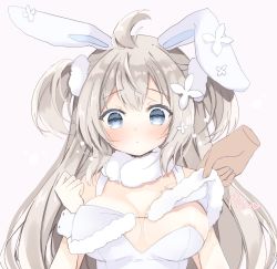 Rule 34 | 1boy, 1girl, ahoge, animal ears, areola slip, azur lane, blue eyes, breasts, brown hair, disembodied hand, flower, fur trim, hair between eyes, hair flower, hair ornament, leotard, lifting another&#039;s clothes, long hair, medium breasts, pink background, purinpurin, rabbit ears, simple background, solo focus, strapless, strapless leotard, two side up, umikaze (azur lane), umikaze (soft and fluffy therapy) (azur lane), upper body, white flower, white leotard