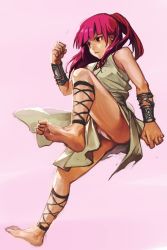 Rule 34 | 1girl, bare shoulders, barefoot, blunt bangs, closed mouth, full body, hungry clicker, magi the labyrinth of magic, morgiana, pink background, pink eyes, pink hair, ponytail, robe, serious, simple background, solo, standing, standing on one leg, wristband