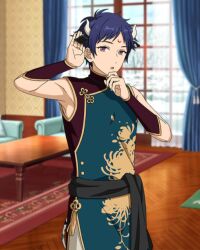 Rule 34 | 1boy, animal ears, bare shoulders, blue hair, carpet, chinese clothes, couch, cow boy, cow ears, cow horns, cow tail, cowboy shot, curtains, dark blue hair, dot nose, ensemble stars!, extra ears, facepaint, fingernails, fushimi yuzuru, hand on own chin, happy elements, horns, indoors, male focus, mandarin collar, mole, mole under eye, official art, open clothes, outstretched hand, purple eyes, short bangs, short hair, sleeveless, solo, table, tail, third-party source, window, zodiac (ensemble stars!)