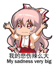 Rule 34 | 1girl, blouse, bow, chinese text, english text, engrish text, fujiwara no mokou, hair bow, jokanhiyou, long hair, lowres, meme, pink hair, puffy short sleeves, puffy sleeves, ranguage, red eyes, sad, shirt, short sleeves, simple background, simplified chinese text, solo, suspenders, tears, touhou, wavy mouth, white background, white shirt