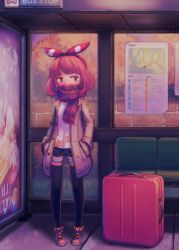 Rule 34 | 1girl, blue eyes, brown hair, bus stop, covered mouth, creatures (company), game freak, hair ribbon, half-closed eyes, hands in pockets, long jacket, makaroll, map, may (pokemon), may (pokemon oras), nintendo, pokemon, pokemon oras, pokemon rse, ribbon, rolling suitcase, scarf, short shorts, shorts, solo, suitcase, thighhighs