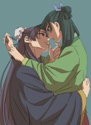 Rule 34 | 1boy, 1girl, ayamame, beads, blue eyes, blue hanfu, blunt bangs, bun cover, chinese clothes, commentary request, face-to-face, freckles, green hanfu, green robe, hair beads, hair ornament, hand on another&#039;s back, hand up, hanfu, highres, jinshi (kusuriya no hitorigoto), kusuriya no hitorigoto, looking at another, maomao (kusuriya no hitorigoto), parted lips, profile, purple eyes, robe, smile, standing, upper body, wide sleeves