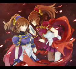 Rule 34 | 2girls, arle nadja, armor, armored dress, bad id, bad pixiv id, brown hair, cape, doppelganger arle, evil smile, eye contact, half updo, letterboxed, looking at another, madou monogatari, mask, multiple girls, puyopuyo, red eyes, sewenan, short hair, skirt, smile, wrist cuffs, yellow eyes