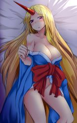 Rule 34 | 1girl, bad id, bad twitter id, blonde hair, blush, breasts, cleavage, female focus, highres, hitotsuki nebura, horns, hoshiguma yuugi, japanese clothes, kimono, large breasts, long hair, long sleeves, looking at viewer, lying, md5 mismatch, no panties, obi, off shoulder, on back, on bed, open mouth, pussy juice, red eyes, resized, ribbon, sash, single horn, solo, star (symbol), sweat, touhou, very long hair, wide sleeves, yukata