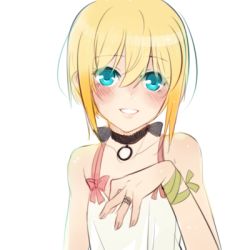 Rule 34 | 10s, 1girl, aqua eyes, black neckwear, blonde hair, blush, choker, edna (tales), happy, jewelry, looking at viewer, lowres, ring, short hair, simple background, smile, solo, tales of (series), tales of zestiria, tusia