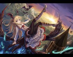 Rule 34 | 10s, 1girl, bat (animal), bat wings, black wings, blonde hair, boots, castle, dutch angle, eruthika, feathered wings, flower, flying, frilled skirt, frills, granblue fantasy, head wings, highres, knee boots, letterboxed, long hair, looking at viewer, low wings, outstretched arms, pantyhose, petticoat, pointy ears, red eyes, rose, shingeki no bahamut, skirt, smile, solo, sunrise, vampire, vampy, white footwear, wings