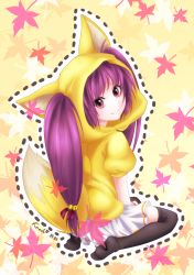 Rule 34 | 1girl, animal costume, animal ears, bell, black thighhighs, costume, feet, fox costume, fox ears, fox tail, jingle bell, kooh, leaf, looking back, maple leaf, pangya, purple hair, red eyes, simons62166, skirt, solo, tail, thighhighs, twintails