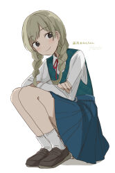 Rule 34 | 1girl, blue dress, blush, braid, brown eyes, closed mouth, collared shirt, dated, dress, full body, highres, hiroe (cosmos blue-02 421), loafers, long hair, long sleeves, looking at viewer, original, pleated dress, school uniform, shirt, shoes, sleeveless, sleeveless dress, smile, socks, solo, twin braids, very long hair, white background, white shirt