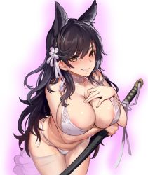 Rule 34 | 1girl, animal ears, areola slip, atago (azur lane), atago (summer march) (azur lane), atago (summer march) (azur lane), azur lane, bad id, bad pixiv id, bikini, black hair, blush, breasts, choker, collarbone, commentary request, cowboy shot, dikko, extra ears, flower, hair flower, hair ornament, holding, holding sword, holding weapon, katana, large breasts, leaning forward, looking at viewer, midriff, mole, mole under eye, navel, ribbon, sheath, sheathed, smile, solo, stomach, swept bangs, swimsuit, sword, thigh gap, thighs, weapon, white bikini, white ribbon, yellow eyes