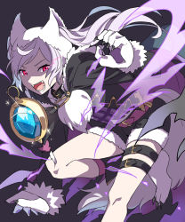 Rule 34 | 1girl, animal ears, animal hands, belt, fire emblem, fire emblem awakening, fire emblem heroes, fur trim, gloves, grima (fire emblem), halloween costume, long sleeves, menoko, nintendo, open mouth, paw gloves, red eyes, robin (female) (fire emblem), robin (fire emblem), shorts, simple background, solo, tail, thigh strap, twintails, white hair, wolf ears, wolf tail