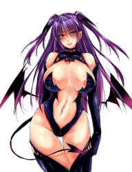 Rule 34 | 1girl, areola slip, blush, breasts, covered erect nipples, demon girl, demon tail, demon wings, female focus, gloves, highres, large breasts, long hair, looking at viewer, navel, nipples, no bra, original, parted lips, pointy ears, purple hair, red eyes, see-through, shiny skin, smile, solo, tail, thigh gap, thighs, two side up, wings, yukibuster z