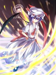 Rule 34 | 1girl, ascot, bat wings, blue hair, bow, hand on own hip, hat, hat bow, red eyes, remilia scarlet, rerrere, solo, spear the gungnir, touhou, wind, wings