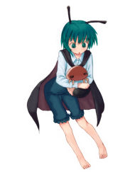 Rule 34 | 1girl, 7c, :o, antennae, barefoot, blush, cape, female focus, full body, green eyes, green hair, holding, long sleeves, matching hair/eyes, open mouth, pants, parted lips, shirt, simple background, solo, toes, touhou, white background, white shirt, wriggle nightbug