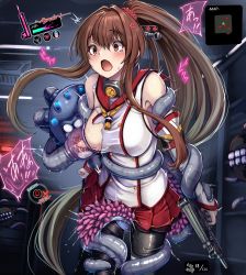 Rule 34 | 1girl, black legwear, breast sucking, breasts, brown eyes, brown hair, detached sleeves, enemy naval mine (kancolle), flower, gun, hair flower, hair ornament, headgear, health bar, highres, kantai collection, lactation, large breasts, long hair, monikano, open mouth, pleated skirt, ponytail, skirt, solo, tentacles, text focus, torn clothes, very long hair, weapon, yamato (kancolle)